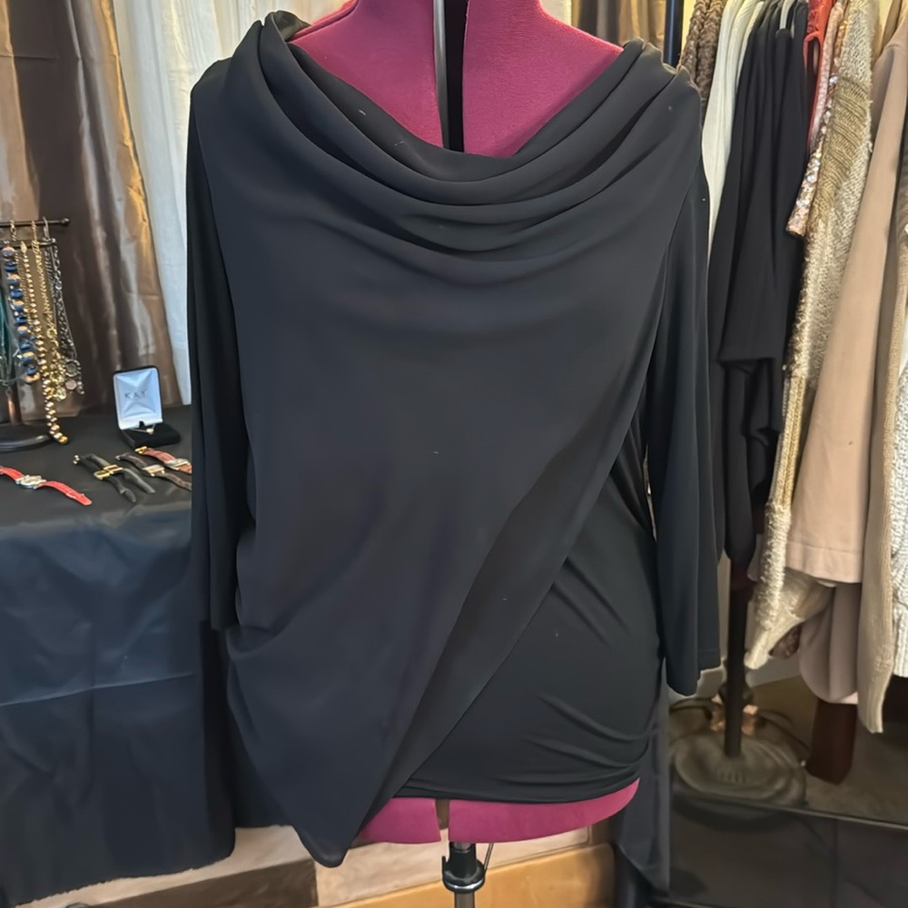 Black Womens Draped Faux Wrap Blouse